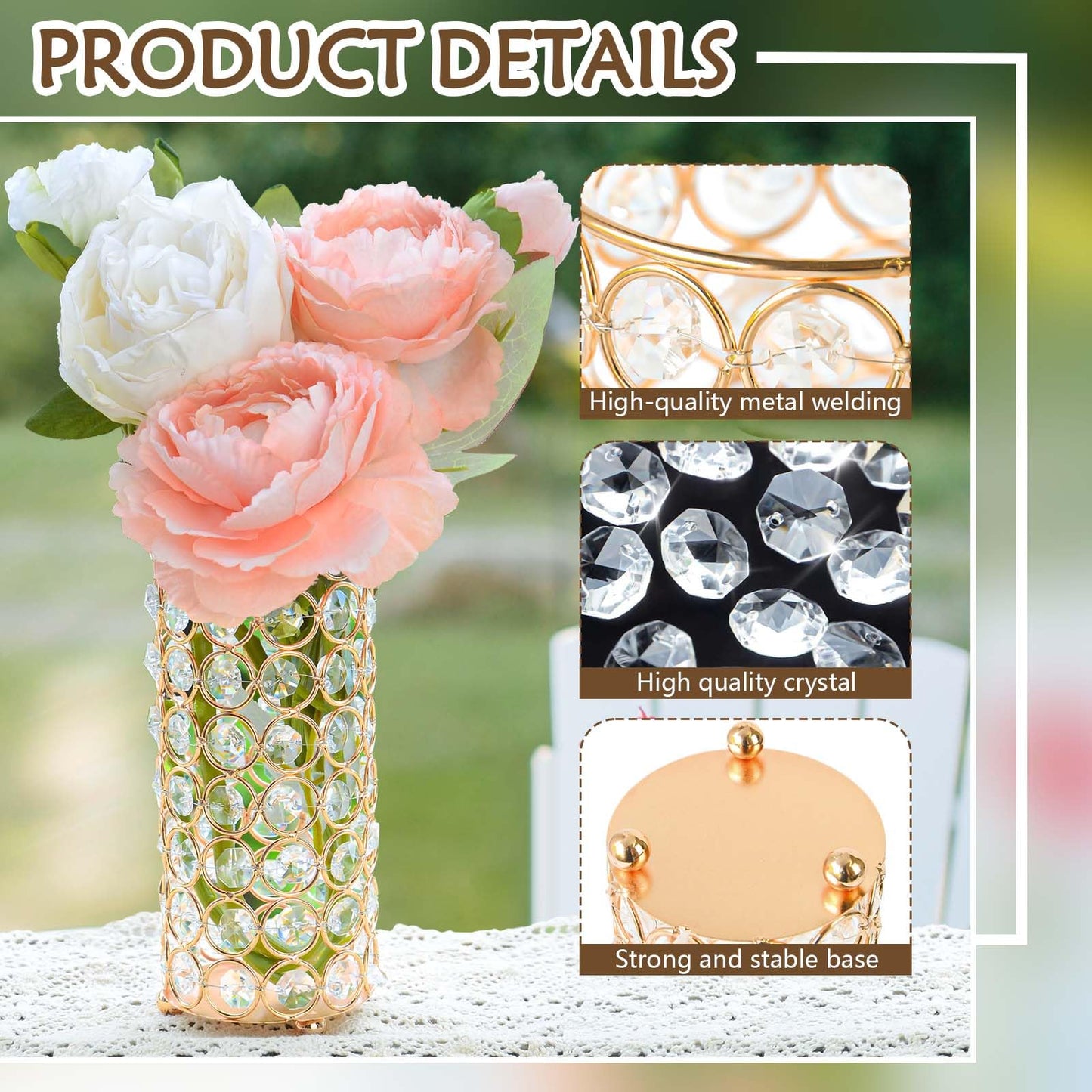 KEHAIL 8 Pcs Crystal Metal Vase Centerpiece, 7.9" Cylinder Flower Vase and Hollow-Out Candle Holder for Wedding, Party, Home Table Decor (8, Gold)
