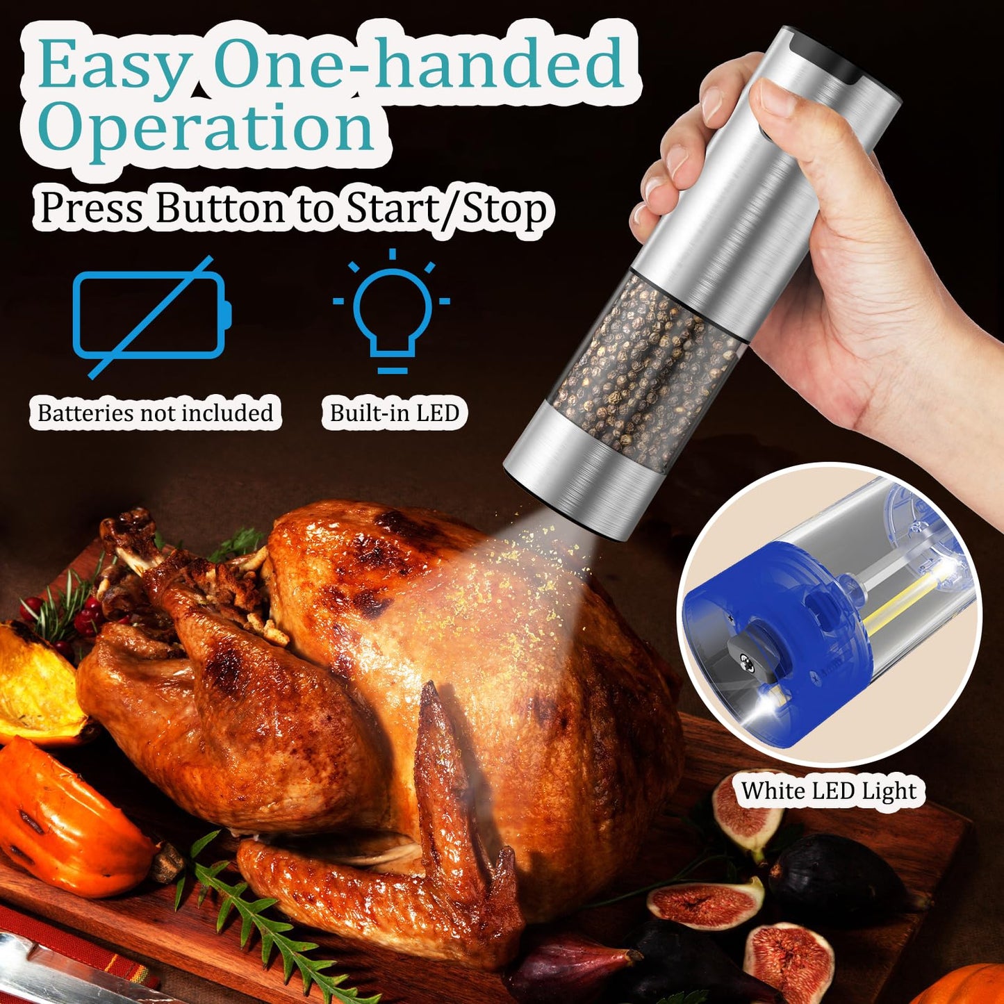 Electric Salt and Pepper Grinder Set, Automatic Salt Pepper Mill Grinder with Adjustable Coarseness, 95ml Large Capacity, LED Light & Easy Refill, Battery Operated Spice Grinders for Kitchen (Sliver)