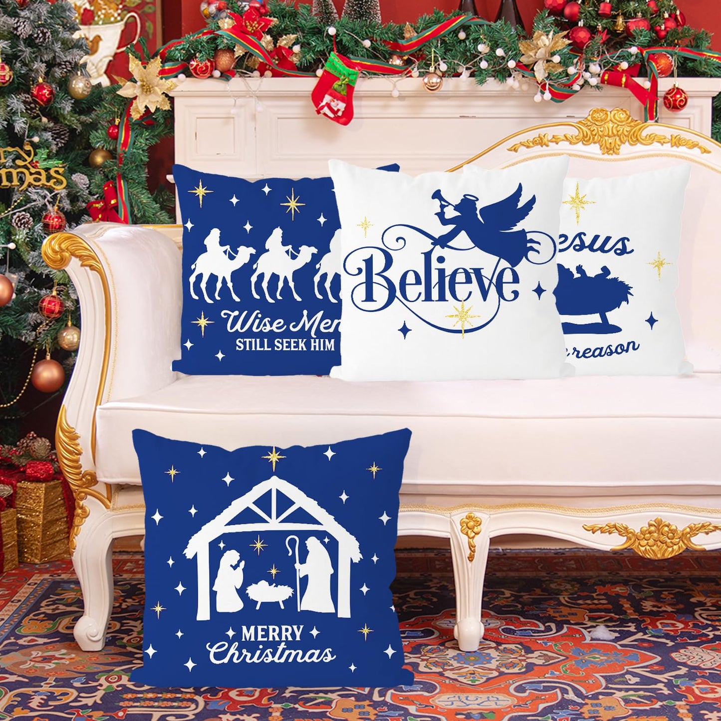 GAGEC Christmas Pillow Covers 18x18 Inch Set of 4 Nativity Religious Pillow Case Blue and White Christmas Xmas Winter Home Decor Living Room House Decorative Cushion Case for Sofa Couch