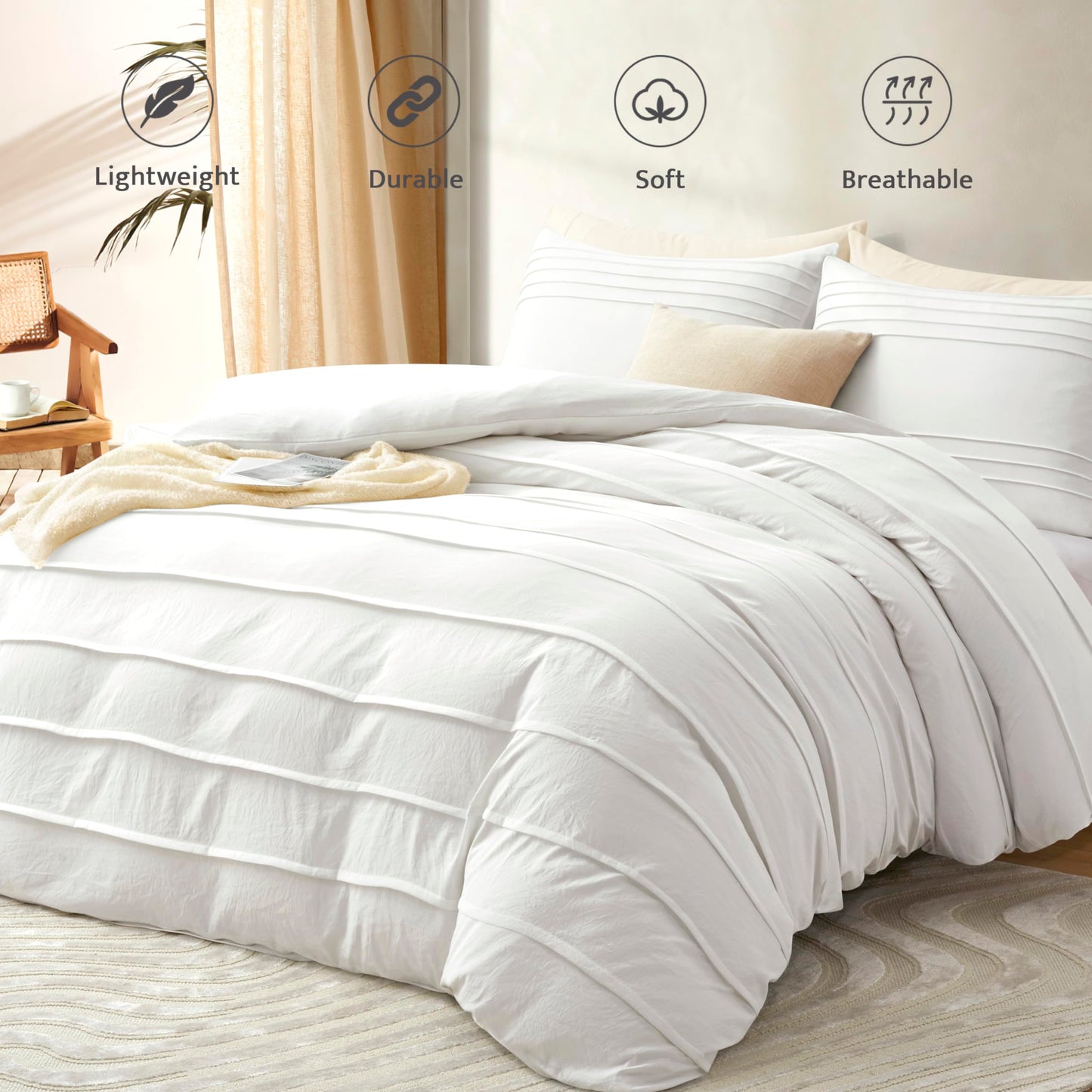 Oli Anderson White Duvet Cover King Size - Pleated King Duvet Cover, 3PCS Soft and Breathable Textured Bedding Set with Zipper Closure(White,104"x90")