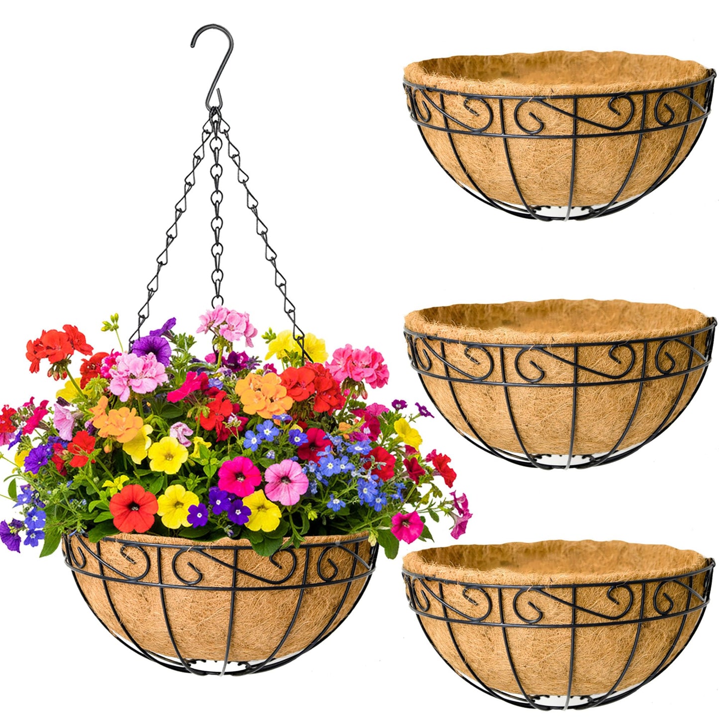 SMYAXUNW 4 Pack Hanging Planters 14 Inch Metal Hanging Planter Basket Flower Pots with Coco Coir Liners Round Wire Plant Holder with Chain for Indoor Outdoor Patio Porch Garden Decoration（HB）