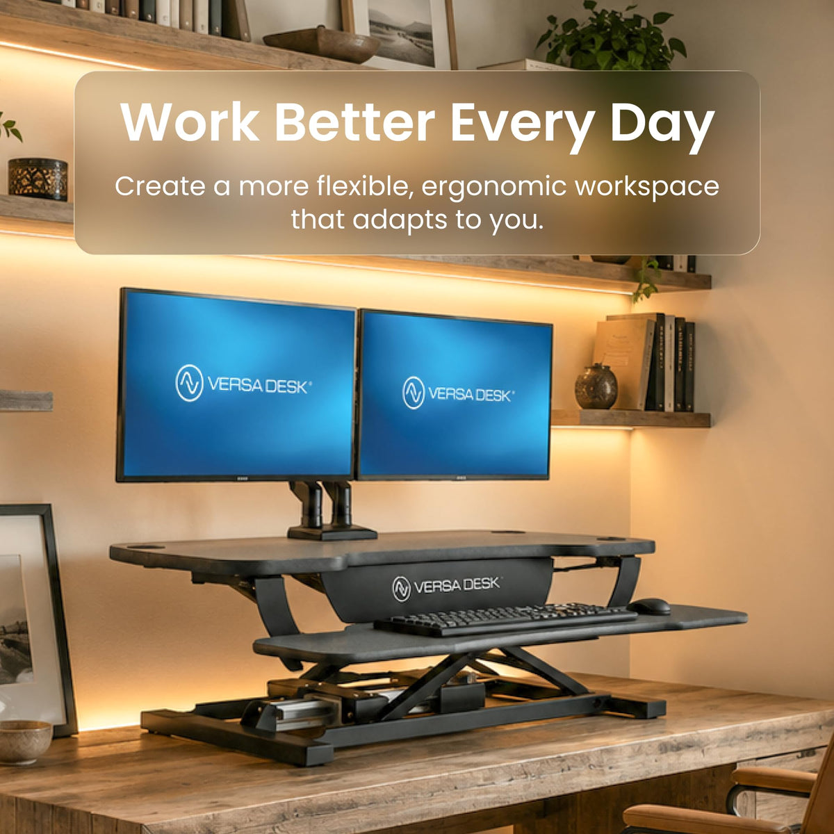 VERSADESK PowerPro 36 Inch Electric Standing Desk Converter – Push-Button Height Adjustable Sit to Stand Desk Riser for Dual Monitors & Laptop – Motorized Desktop Workstation with Wide Keyboard Tray