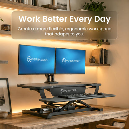 VERSADESK PowerPro 40 Inch Electric Standing Desk Converter – Push-Button Height Adjustable Sit to Stand Desk Riser for Triple Monitors & Laptop – Motorized Desktop Workstation with Wide Keyboard Tray