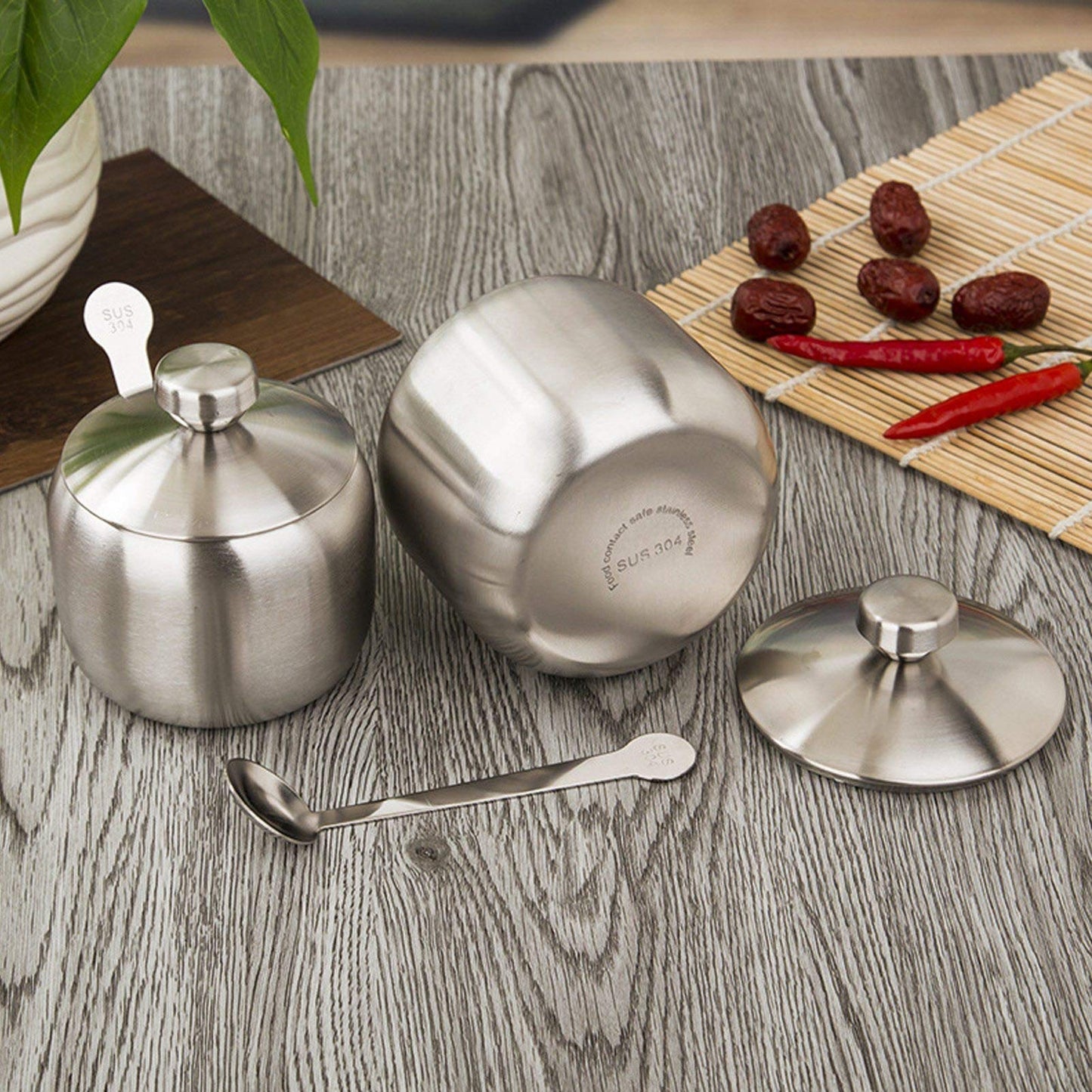 MOUMOUTEN Stainless Steel Sugar Bowl, 10Pack Seasoning Jar Spice Container, Rotating Condiment Spice Salt Sugar Jar Spice Rack Set with Lid Spoon