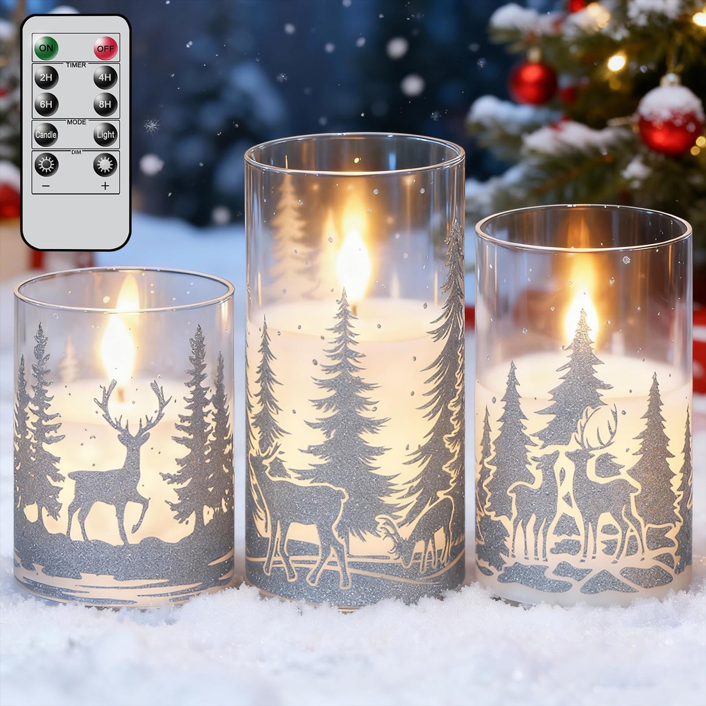 KunSwenn Christmas Flameless Candles with Silver Reindeer Decals, 3 Pack LED Glass Battery Operated Candles with Remote Timer, Pillar Candles with Deer and Tree Pattern for Christmas Winter Decor
