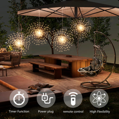SHUKAN 4 Pcs 800 LED Plug-in Starburst Sphere Lights, Firework Light 8 Modes Dimmable Remote Control Waterproof Hanging Fairy Light, Copper Wire Lights for Patio Party Tent Christmas (Warm White)