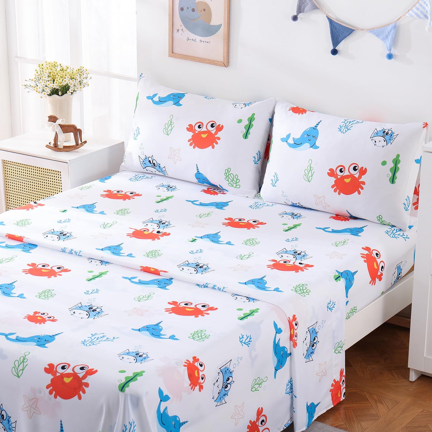 Yibeizi Full Size Sheet Sets Kids Beach Bedding Coastal Bed Sheets for Boys Ocean Print Bedsheets Microfiber Deep Pocket Nautical Patterned Bed Sheet & Pillowcase Sets 4 Pieces