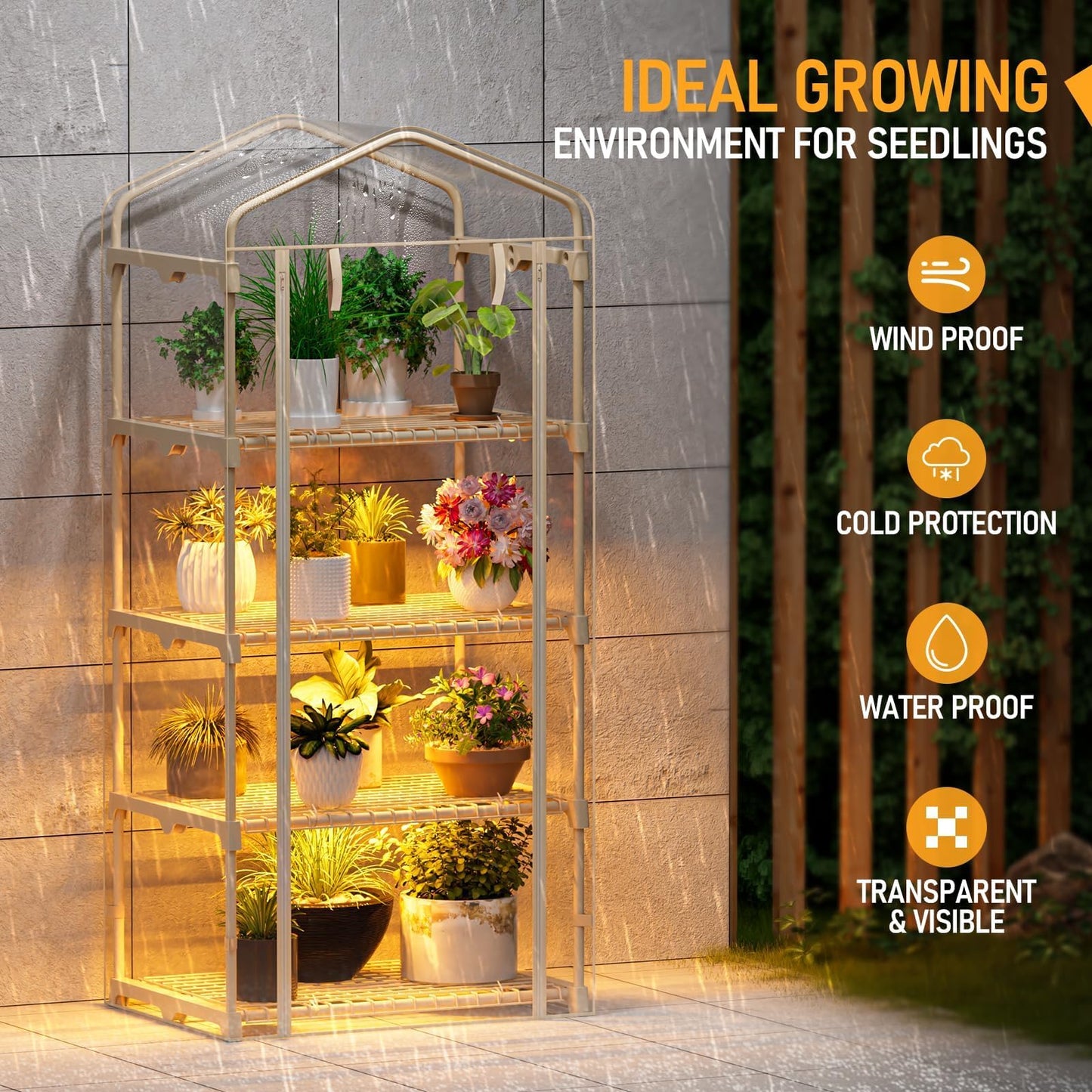 SPECILITE Indoor Greenhouse with Grow Lights - Adjustable 4 Tiers 27.6"L×19.3"W×61.4"H Mini Greenhouse with Zip PVC Cover and 45W Plant Light, Portable Green House with Timer for Winter &Indoor Plants