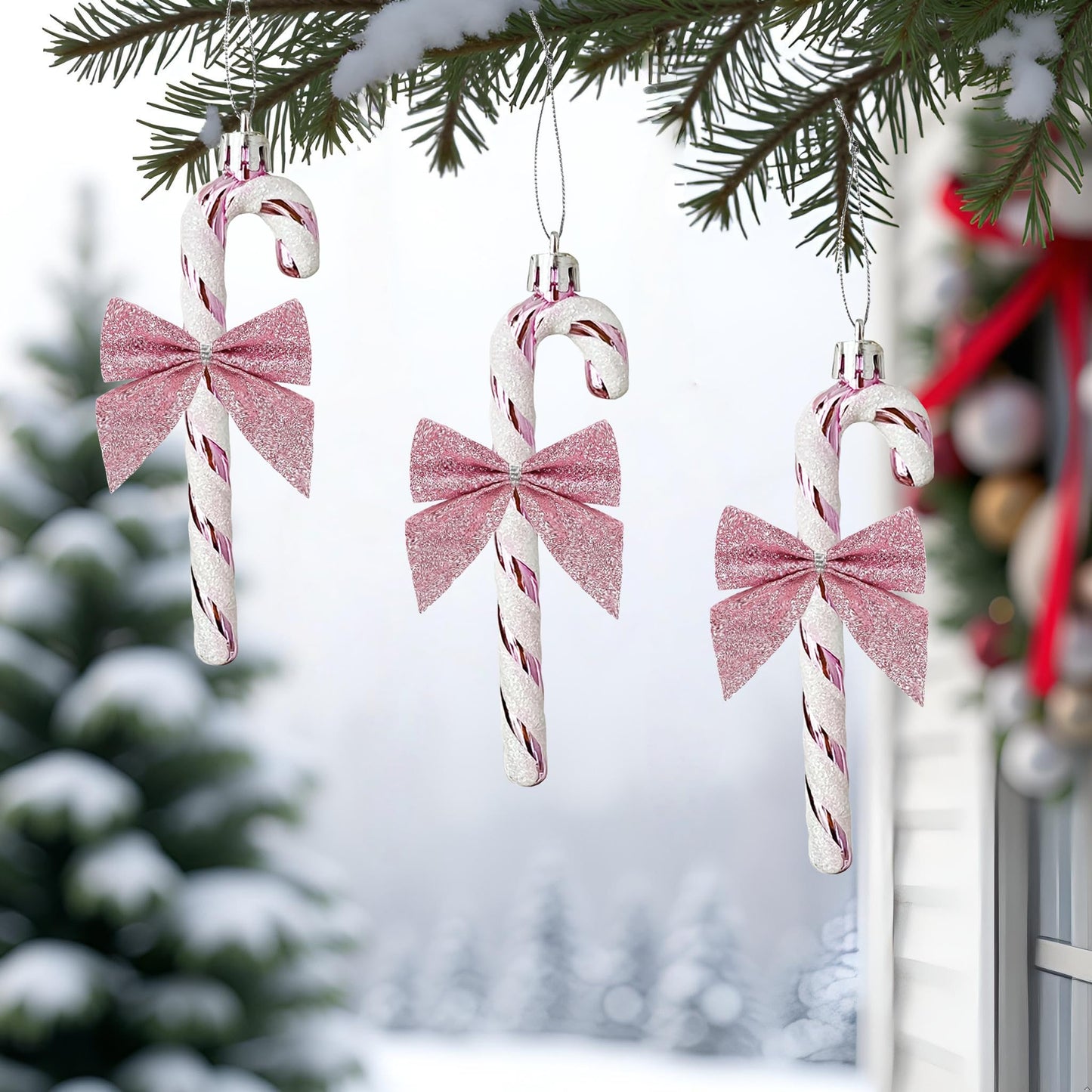 HERZWILD 12Pcs Christmas Glitter Candy Cane with Bow Pink Plastic Candy Cane Decoration Christmas Tree Hanging Ornament for Holiday Party Decoration Favor(Pink Bow)
