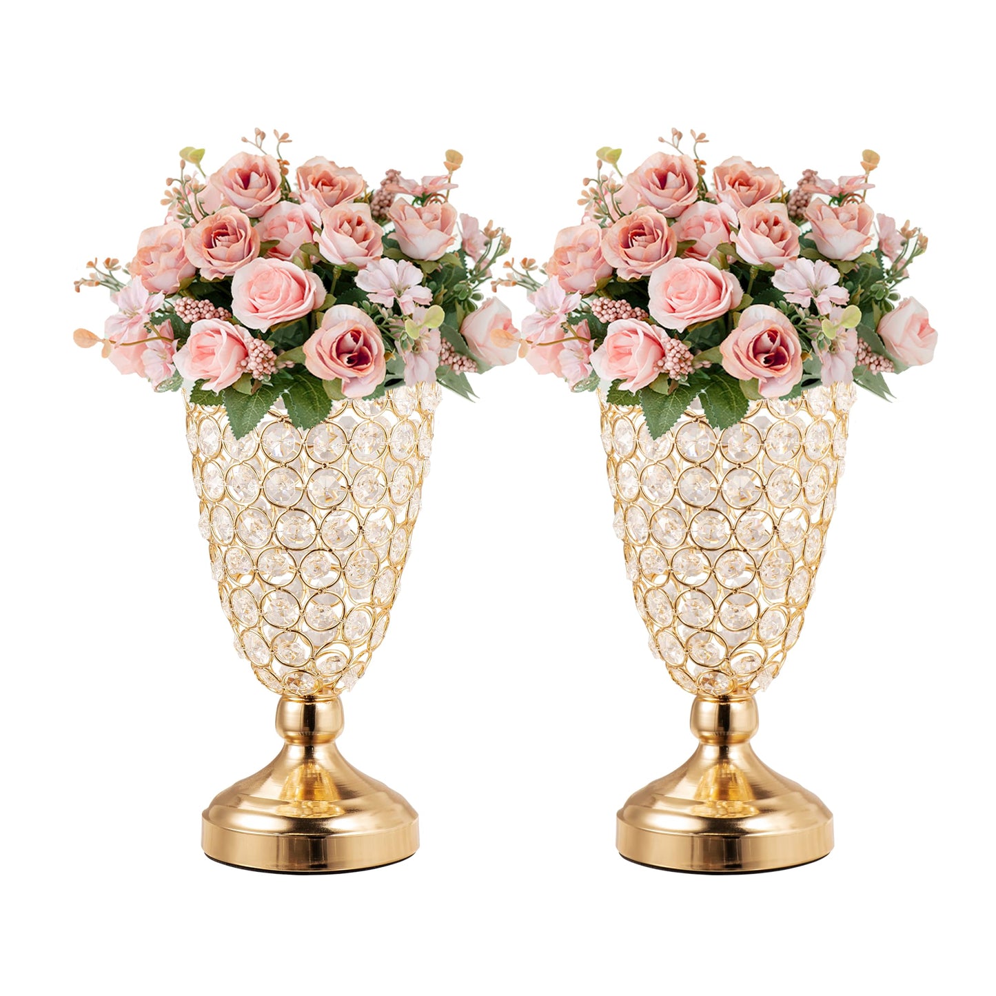 Gold Crystal Trumpet Floral Vase -2 Pcs Centerpieces for Wedding Table, 10.6" Wrought Iron Crystal Vase, Flower Vases for Party Dinner Centerpiece Event, Anniversary Ceremony Birthday Home Decoration