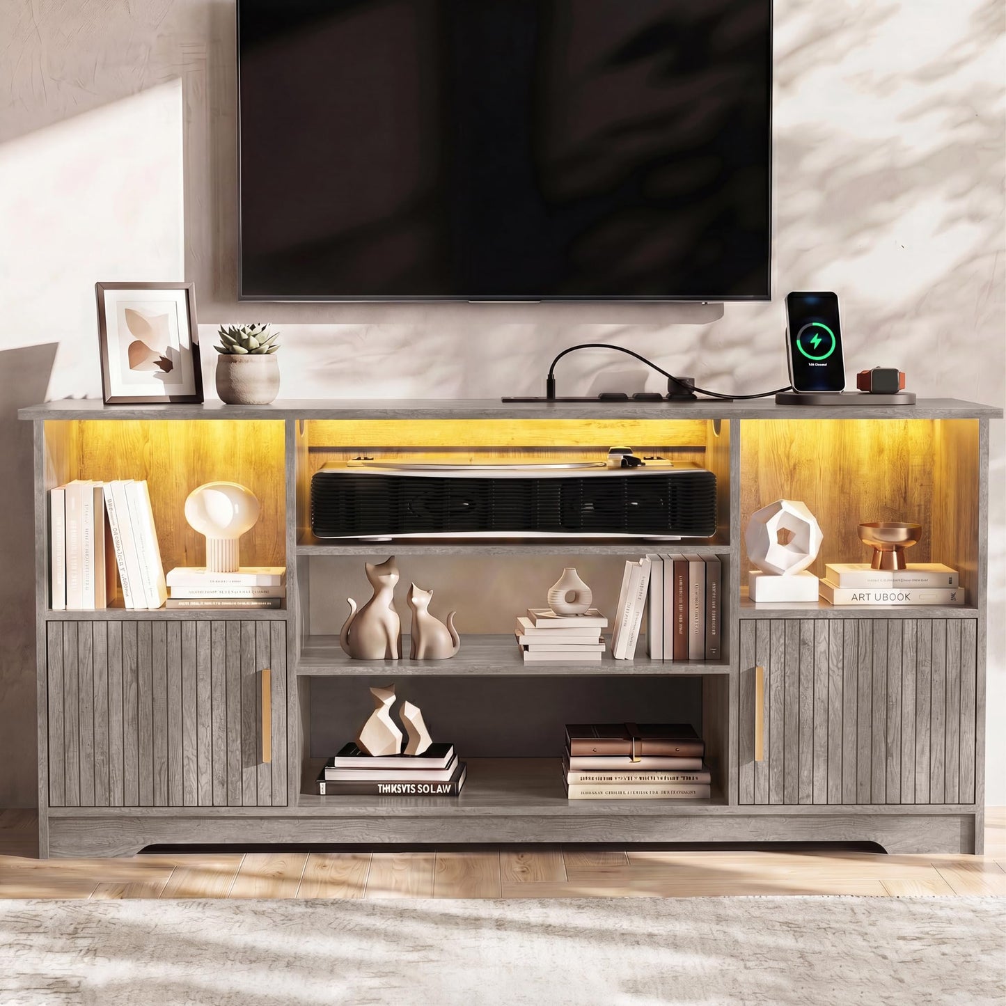 YOSHOOT Fluted TV Stand for Living Room, Modern Entertainment Center with LED Lights & Power Outlet and Storage Cabinet, Small Media Console with Adjustable Shelves for Bedroom, Gray Oak