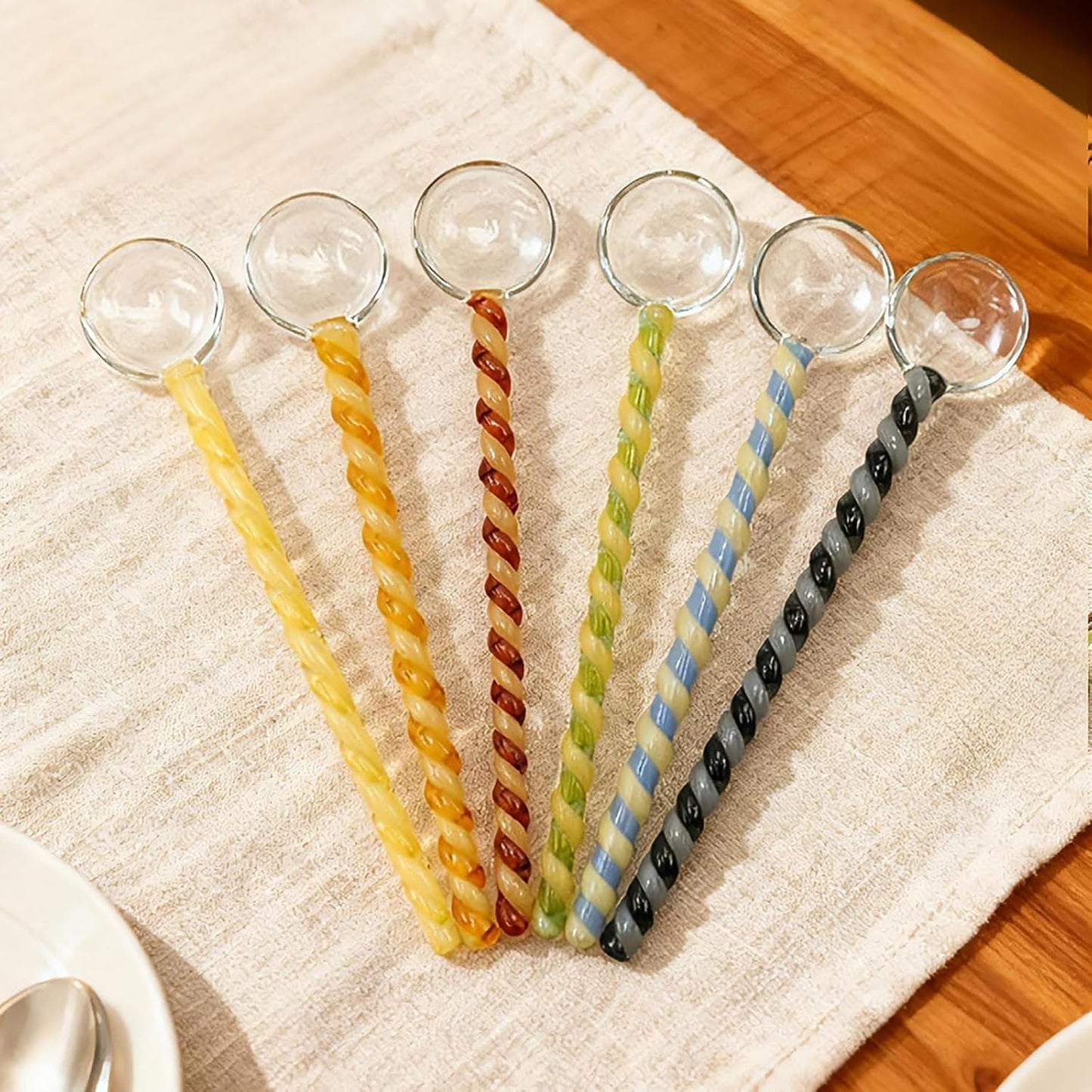 TMXAOK 6 Pieces Glass Stirring Spoons Clear Crystal Coffee Cocktail Mixing Spoon Teaspoons with Spiral Handle Salt Sugar Ice Cream Yogurt Jam Dessert Scoop Swizzle Stick Stirrer for Bar Cafe Party (H)