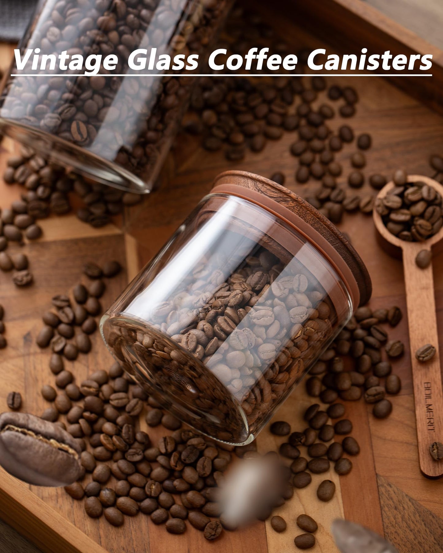 BOILMERIT 17 oz Coffee Canister with Scoop and Wooden Lids, Airtight Glass Coffee Beans Storage Container Sets of 2 for Ground Coffee,Food Storge Jars for Ground Coffee Bar Cereal Snack