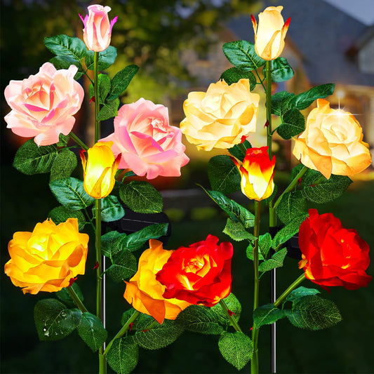 Garden 4 Pack LED Solar Flower Lights with Larger & More Realistic Rose Flowers, Bigger Solar Panel, Waterproof Solar Outdoor Lights for Yard Patio Lawn Pathway Walkway Decoration