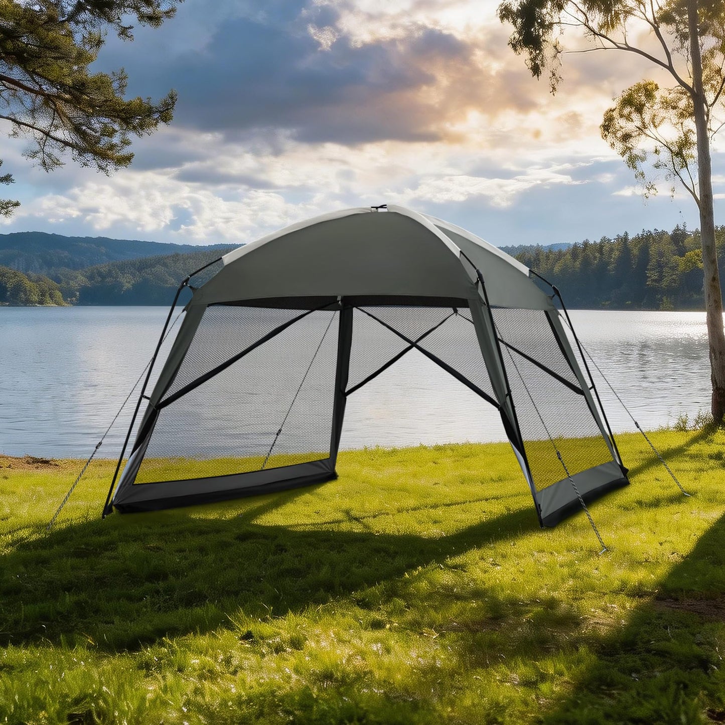 Superrella 12 x 12 FT Camping Screen Tent for 8-10 Person, Easy Setup Screen House with UV 50+ Sun Protection & Mosquito Net for Camping, Backyard, Picnic, Patio, Outdoor, Gray