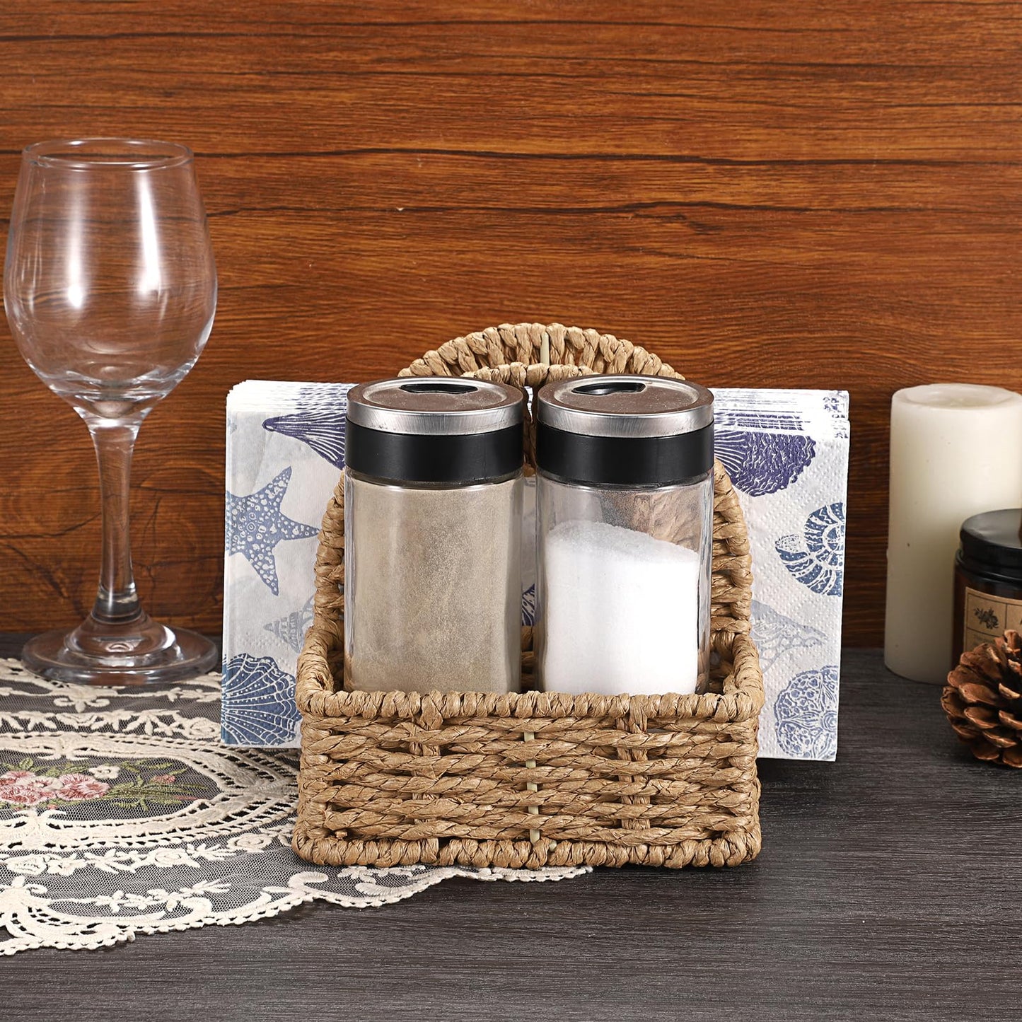 Sumnacon Wicker Napkin Holders with Salt and Pepper Shakers Caddy, Standing Napkin Dispenser with Condiment Tray, Farmhouse Upright Napkin Basket for Kitchen Dining Table Centerpiece (No Shakers)