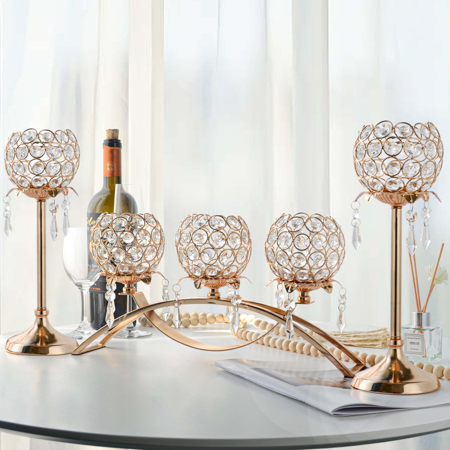 Kehail Set of 3 Gold Crystal Tea Light Candlestick Holders Flower Shape with Crystal Pendant Bowl Votive Metal Candle Holder for Table Centerpieces Wedding Home Decor (Set of 3, Gold)
