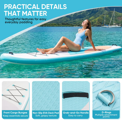 Inflatable Stand Up Paddle Board 10'6" x 33" x 6", 350 LBS Capacity Beginner-Friendly SUP Board with Paddle, Pump, Backpack, Leash, Waterproof Phone Bag and 3 Fins for Lake, Ocean or River Fun, Blue