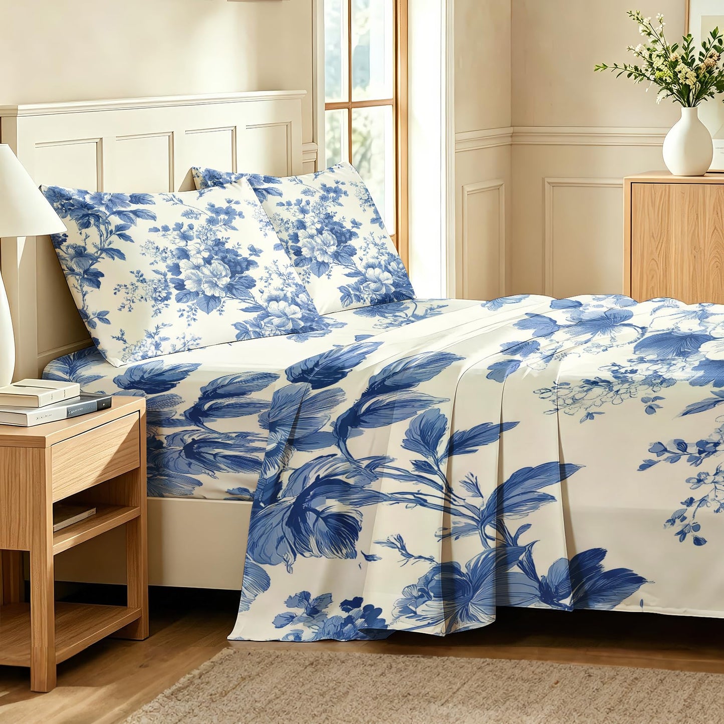 Blue White Floral California King Sheet Set 4 Pcs Chinoiserie Bed Sheets
