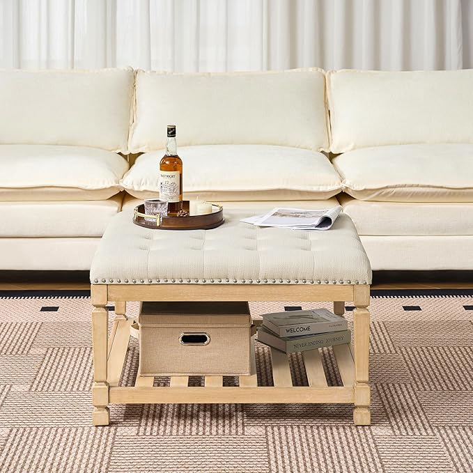 Befurtori Large Square Ottoman Coffee Table, Linen Solid Upholstered Footrest