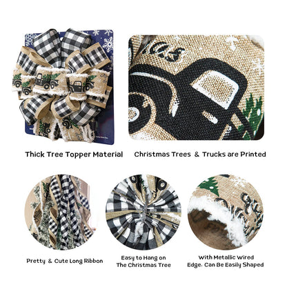 GOGOSY Christmas Tree Topper Bow,48''x 13'' Large Buffalo Plaid Truck Wreath Bows Handmade Xmas Ornaments with Long Burlap Wired Edge Ribbon for Farmhouse Christmas Decoration(Black and White Plaid)