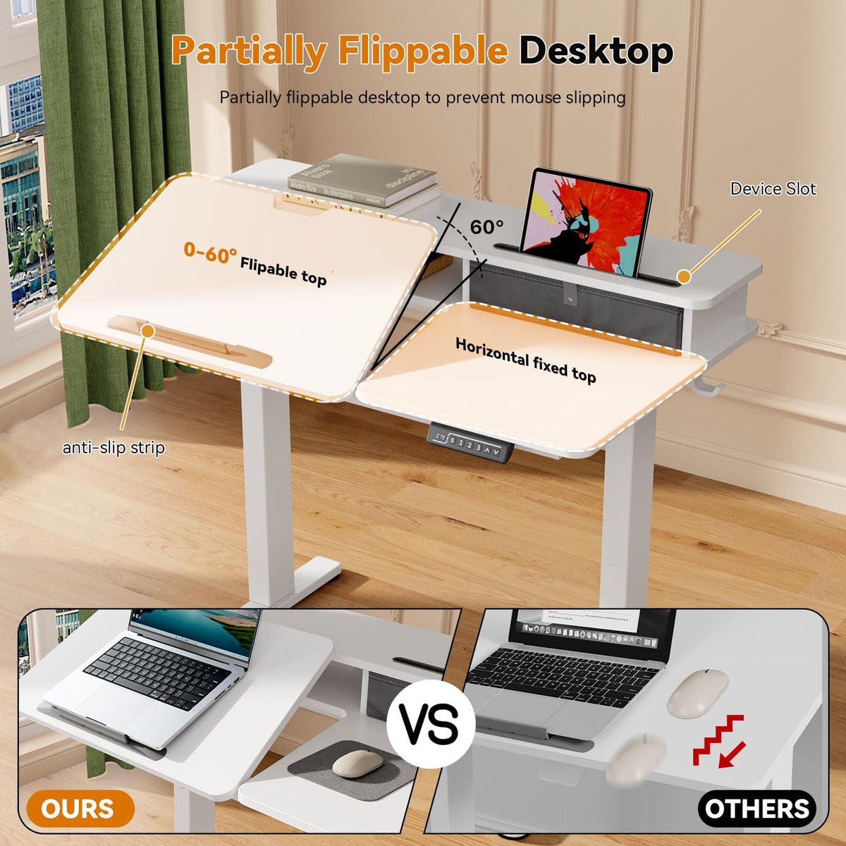 40 Inch Standing Desk, 60° Tiltable Electric Drafting Table Height Adjustable, Foldable Mobile Rising Desk with Drawer, Storage Shelf, Flippable Art Table on Wheels for Kids’ Drawing, White