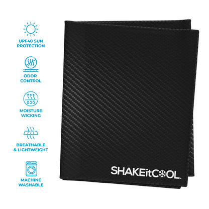 SHAKEitCOOL Extended Size Cooling Towel – Be Cool in Style - Heat Relief, Soft, Lightweight, Sun Protection, Easy Clean - Perfect for Biking, Hiking, Running, Yoga, Golf, Gardening - Carbon Fiber M