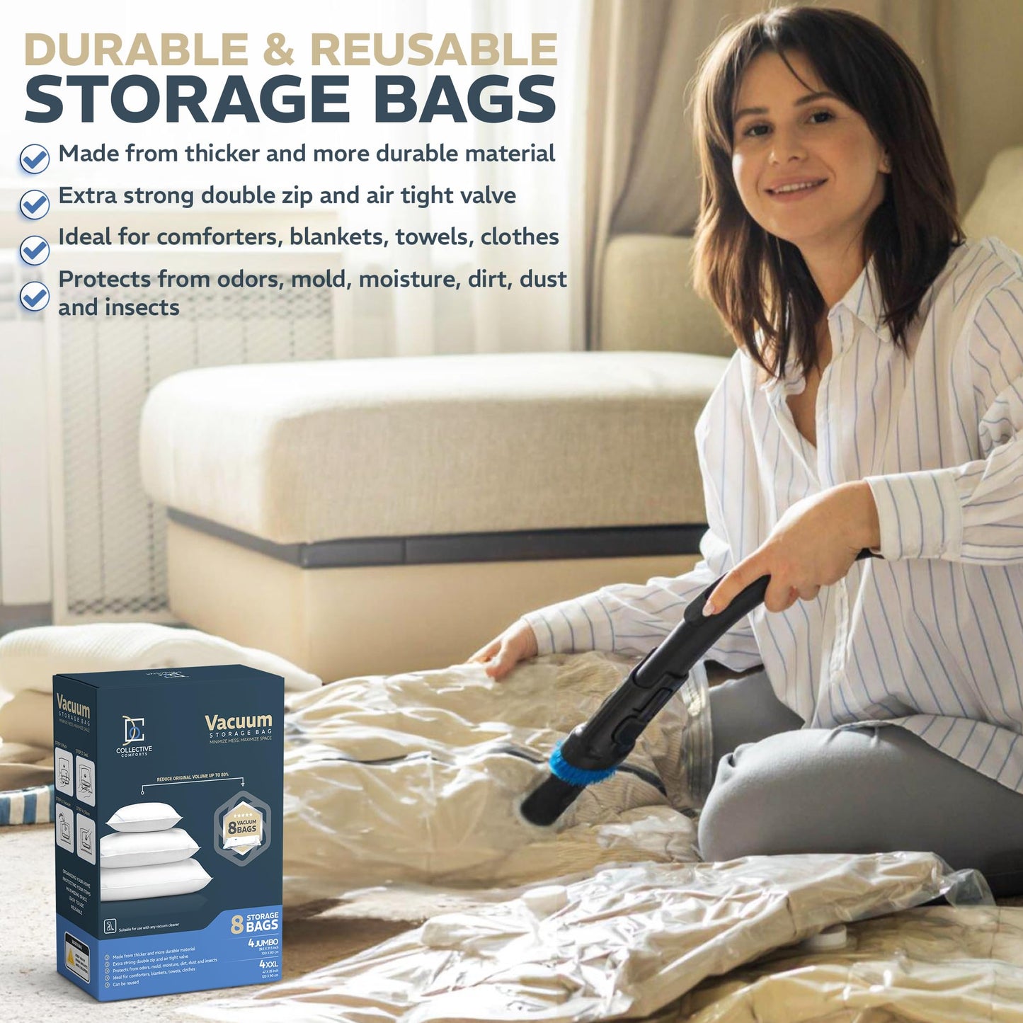 8 pack XXL Jumbo Vacuum Storage Bags - Vacuum Seal Bags for Clothing, Bedding, Blankets - Storage And Organization – Space Saver Vacuum Storage Bags - 4XXL (47x35in) + 4Jumbo (39.5x31.5in)