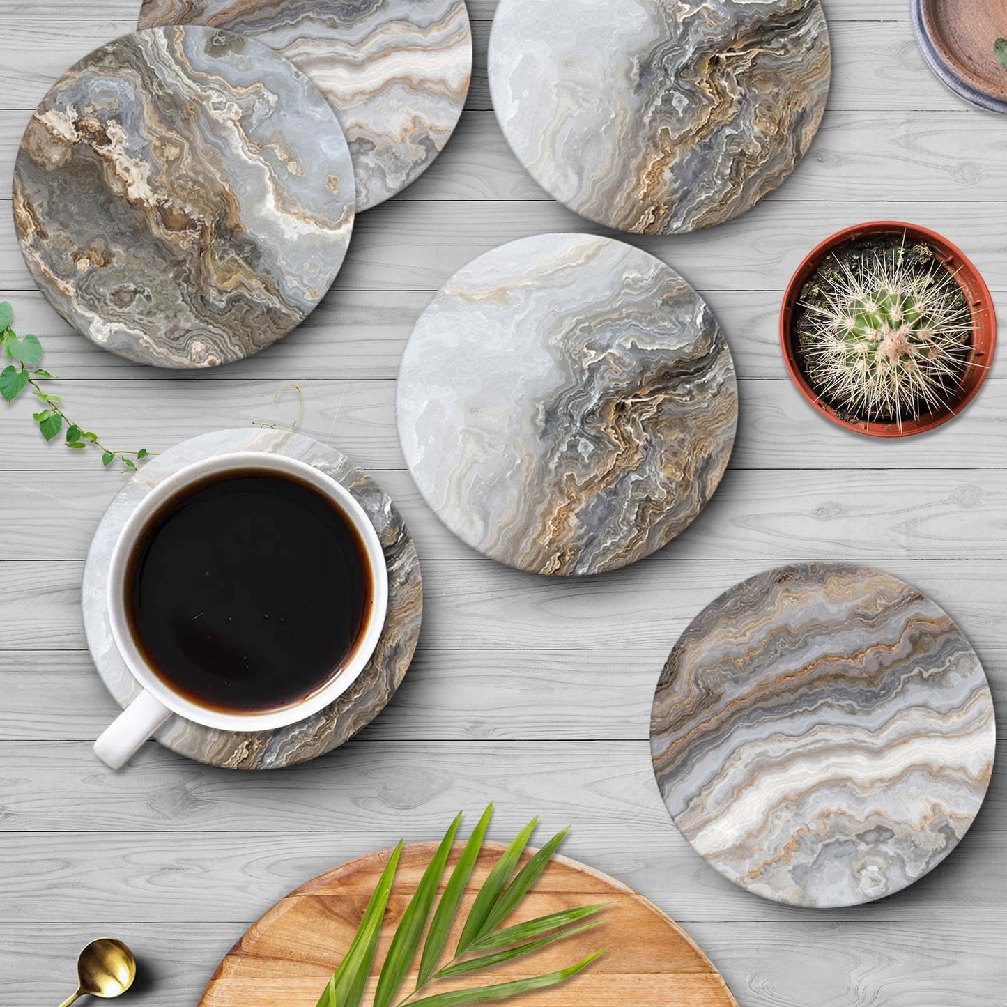 Britimes Coaster for Drinks Set of 6, Grey Marble Golden Stone Agate Table Absorbent Round Ceramic Stone Mat, with Cork Base and Metal Holder, Gift for Housewarming Room Bar Decor