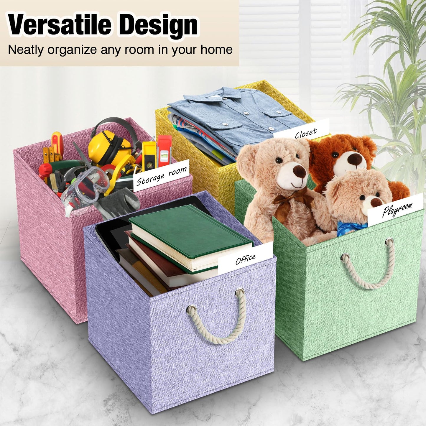 Geelin 6 Pcs Fabric Linen Thickened Storage Cube with Handle 11 Inch Heavy Duty Multi-color Collapsible Sturdy Durable Storage Bin Organizer Box Clothes Shelf Christmas Holiday Festival(Macaron)