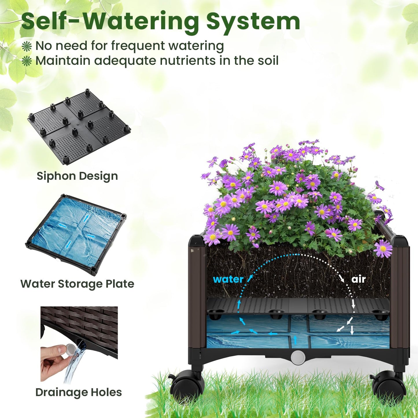 Giantex Raised Garden Bed with Wheels & Tomato Cage, Self Watering Planter Box with Obelisk Trellis, Adjustable Height, Indoor Outdoor Planter for Climbing Plant Flower Vegetable Fruit (1)