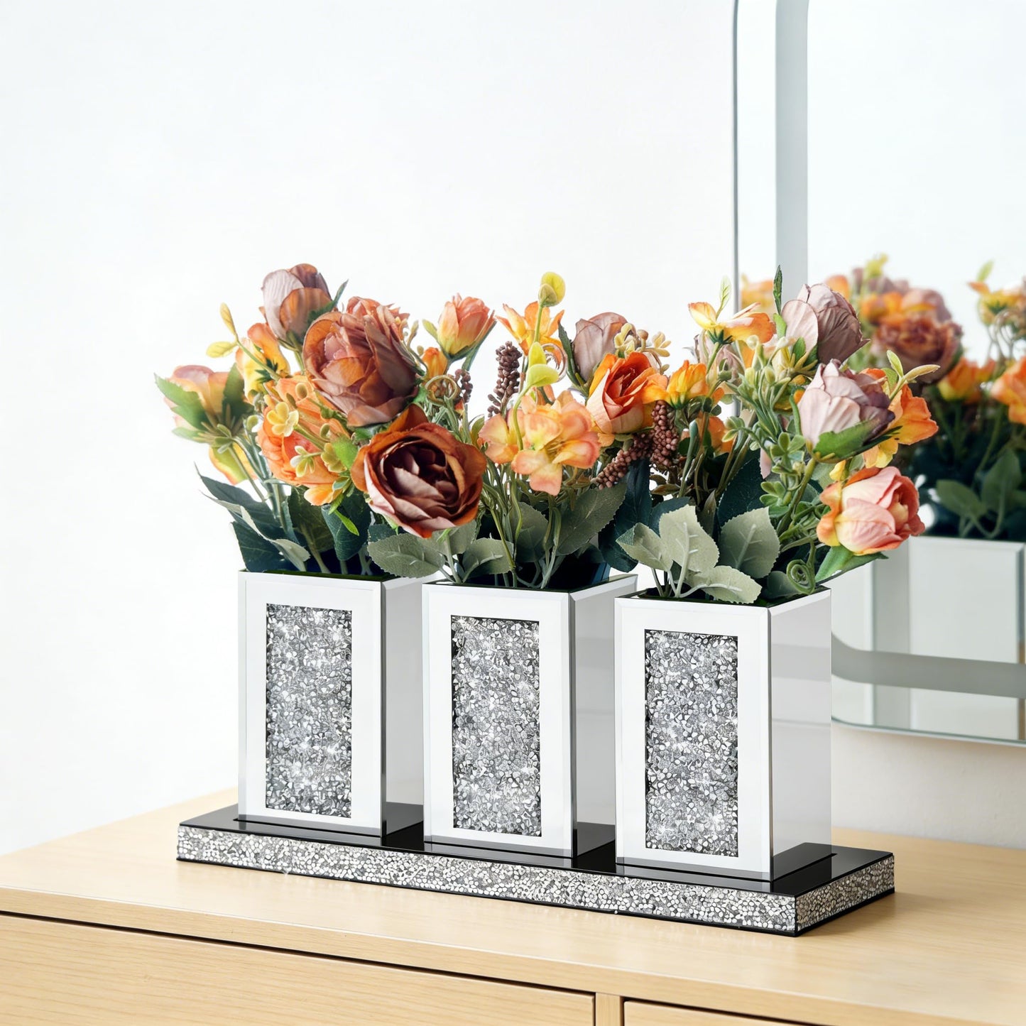 Pibeyer Crystal Crush Diamond Jar Table Centerpiece Decorations for Dining Room, Coffee Table Decor Wooden Tray with 3 Mirrored Jars Artificial Plants for Kitchen, Living Room, Home Décor