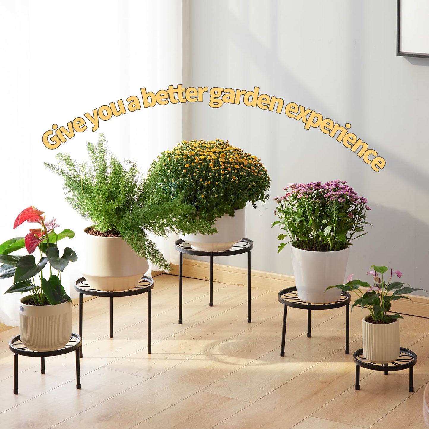 Furshus Plant Stand,5 Pack Heavy Duty Flower Pot Stands,Metal Decoration Racks,Round Plant Shelf for Planter Outdoor and indoor (Black)