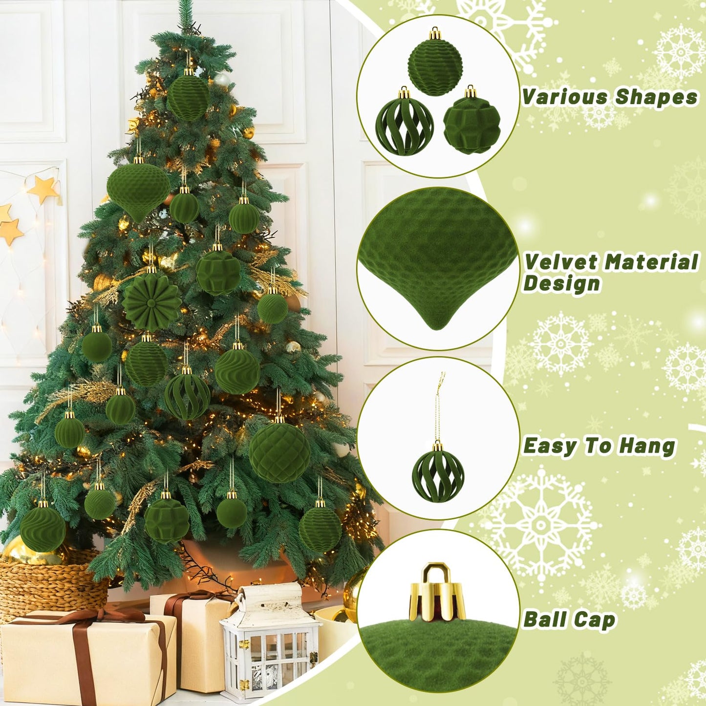 48 Pcs Velvet Christmas Ball Ornaments Set, Flocked Christmas Tree Ornaments, Shatterproof Hanging Xmas Balls Decorations for Christmas Tree Home Decor Holiday Wedding Party (Sage Green)