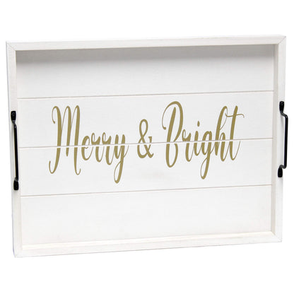Elegant Designs HG2000-WMB Christmas Decoration 15.50" x 12", Decorative Wood Serving Tray w/Handles, White Wash Merry & Bright