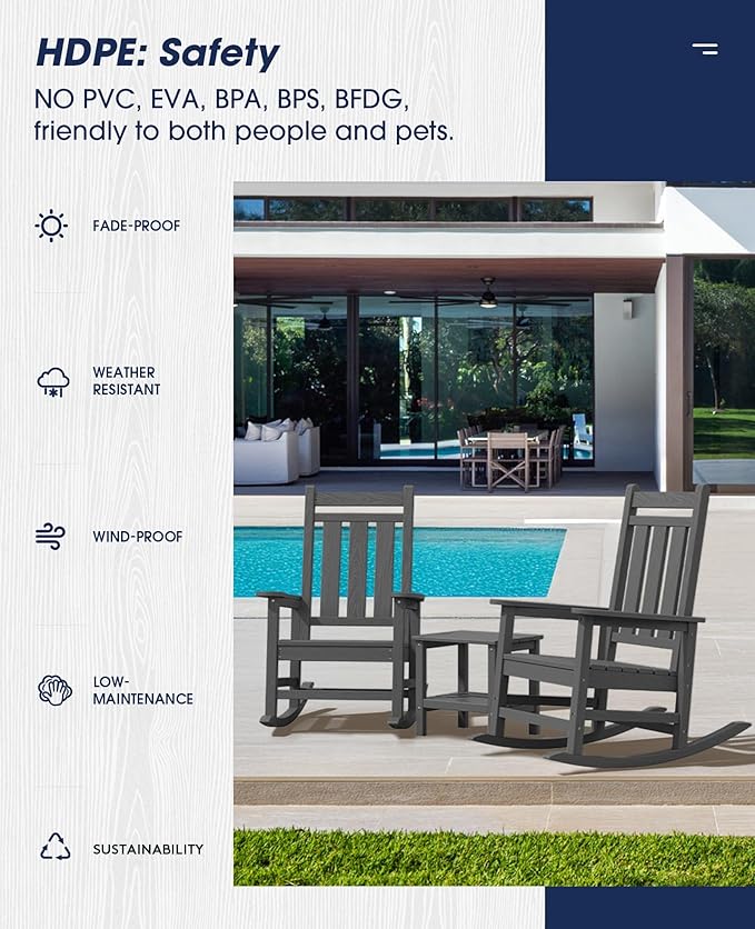 KINGYES Oversized Outdoor Rocking Chair, All-Weather Patio Rocking Chairs for Porch, HDPE Outdoor Patio Rockers with High Back & Wide Seat for Garden, Lawn, Gray