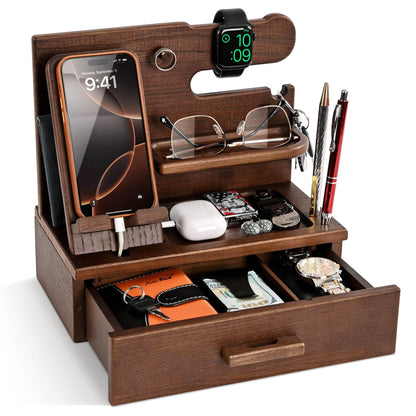 TESLYAR Wood Phone Docking Station with Drawer - Nightstand Organizer - Desk Organizer for Husband - Birthday Gifts for Men, Dad, Anniversary Idea, Key Holder Stand Watch & Accessories (Antique Brown)
