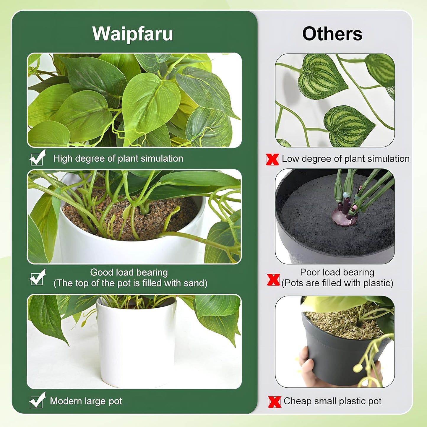 Waipfaru Artificial Plants Indoor, 2Pcs 34" Realistic Fake Pothos Hanging Plants Silk Vines Ivy Potted, Fake Pothos for Living Room Office Bedroom Bathroom Kitchen Shelves Indoor Home Decor