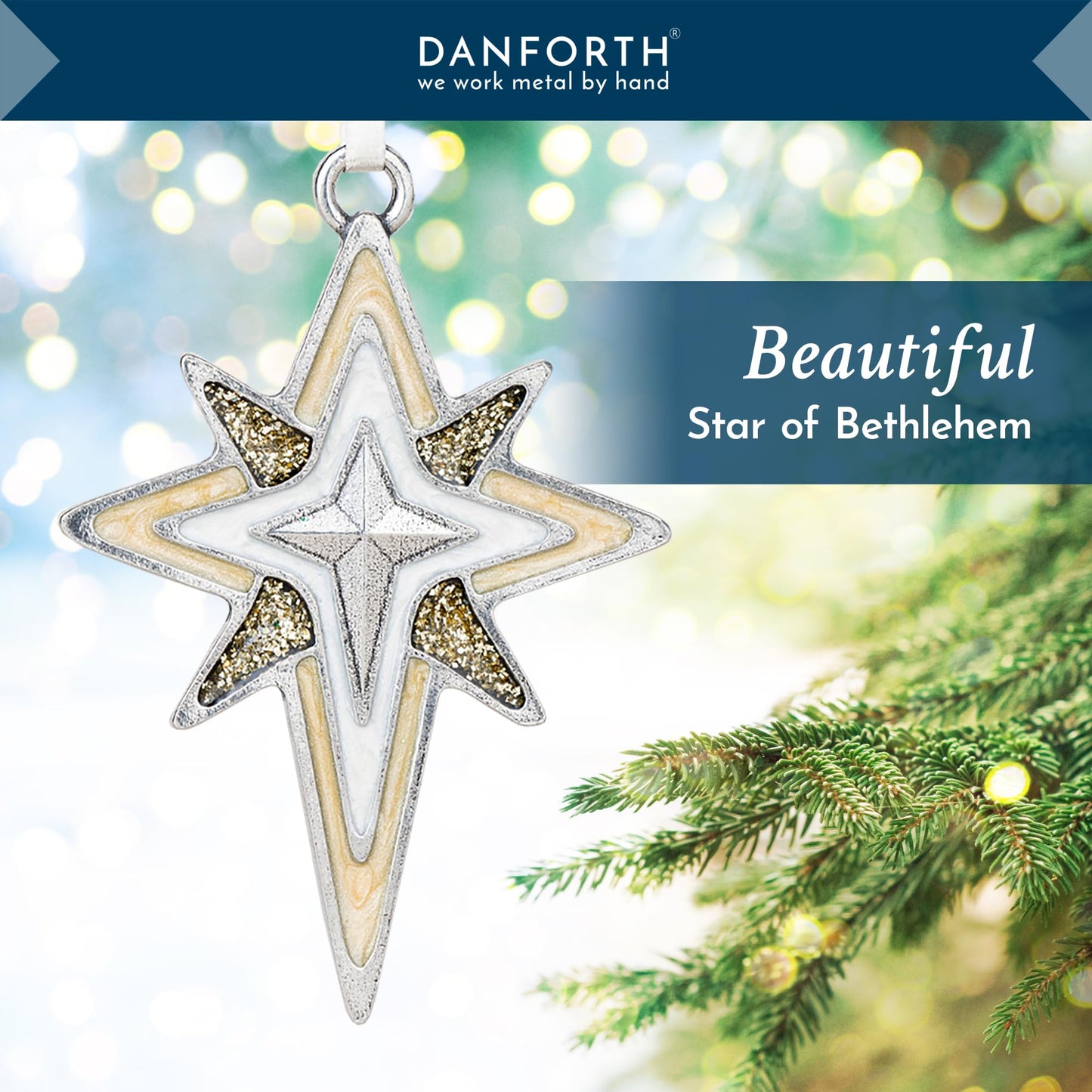 Danforth Star of Bethlehem Pewter Christmas Ornament, Bright, Sparkling Christmas Tree Decoration, Christian, Handmade in USA, Fine Pewter, 2 ⅜” Tall by 1 7/8” Wide