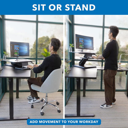 Mount-It! Standing Desk Converter, Compact 25" Sit Stand Desk Riser with Gas Spring Lift, Adjustable Height Desktop Riser for Laptop, Monitor, and Keyboard, Small Home Office Desk Converter