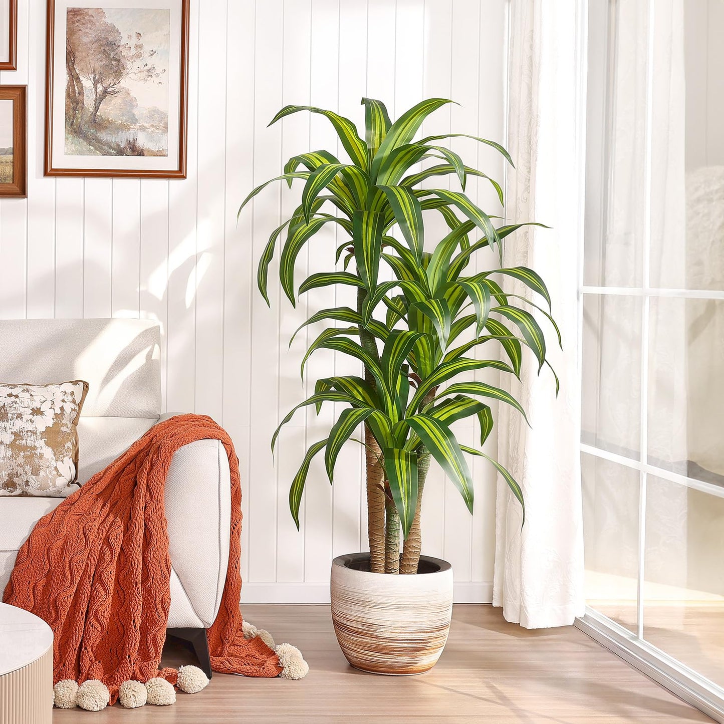 VeriNatural Artificial Dracaena Tree 5FT – Faux Yucca Floor Plant with Silk Leaves & Natural Trunk – Cement-Weighted Pot for Indoor Decor, Office, Living Room, Porch, Entryway, VN225