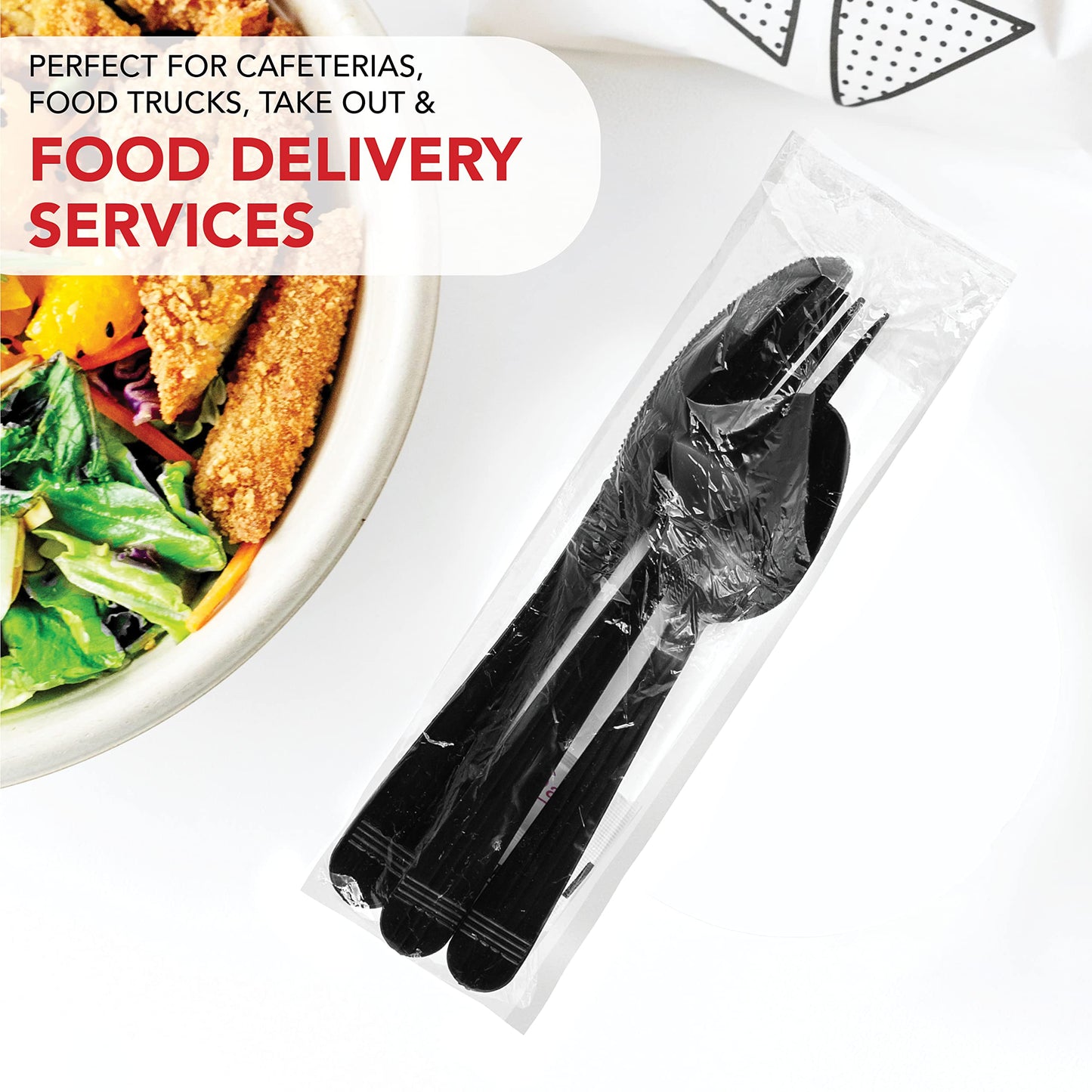 Party Essentials Individually Wrapped Plastic Cutlery Kits/Packets, Includes Heavy Duty Black Fork/Spoon/Knife/Napkin/Salt/Pepper, 250 Sets