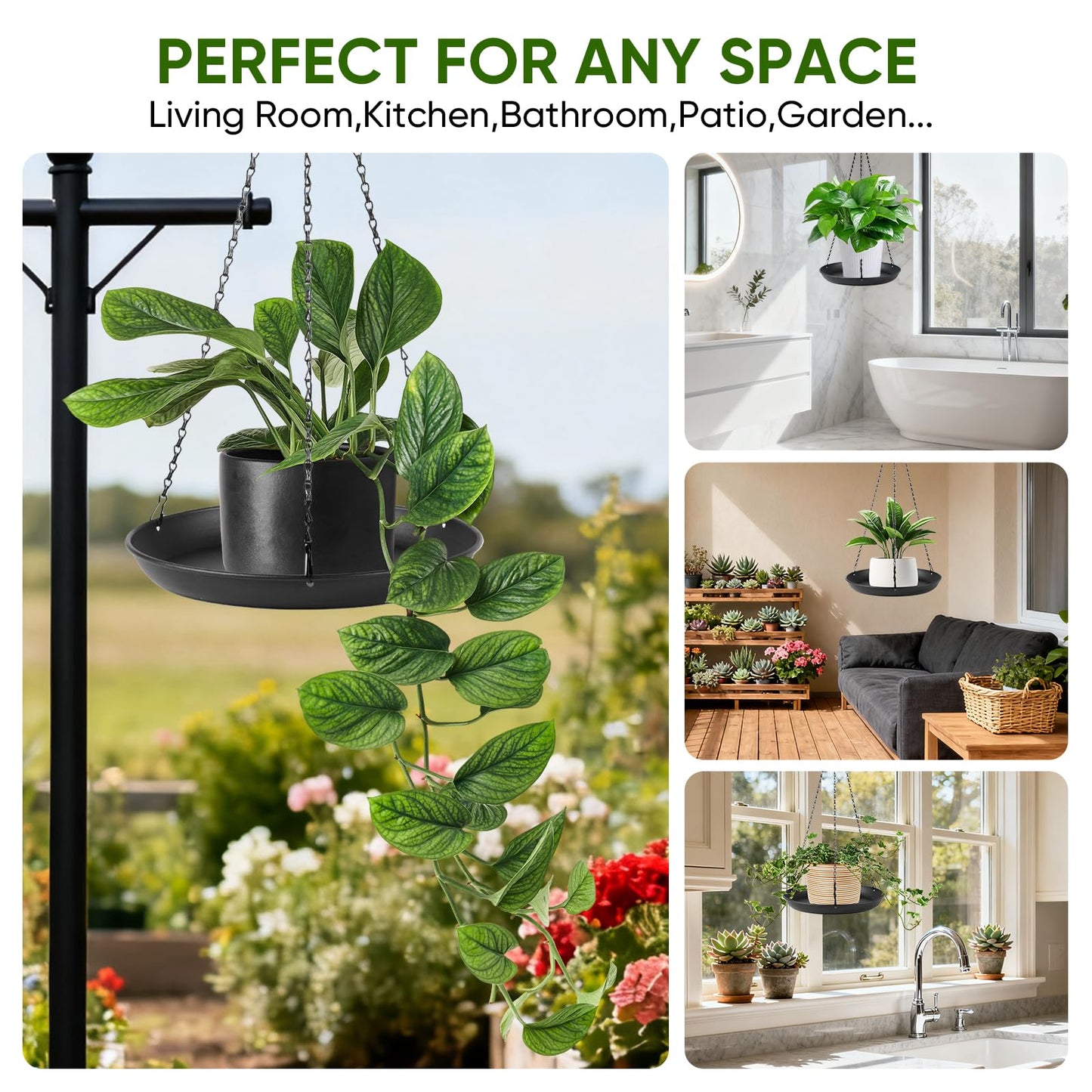 gajavo Plant Hanger Indoor Outdoor, 2 Pack Window Plant Hanger with Trays, Heavy Duty Metal Hanging Planter Basket, No Drip & Stable, for Window Railing Balcony, Black（11.8IN）