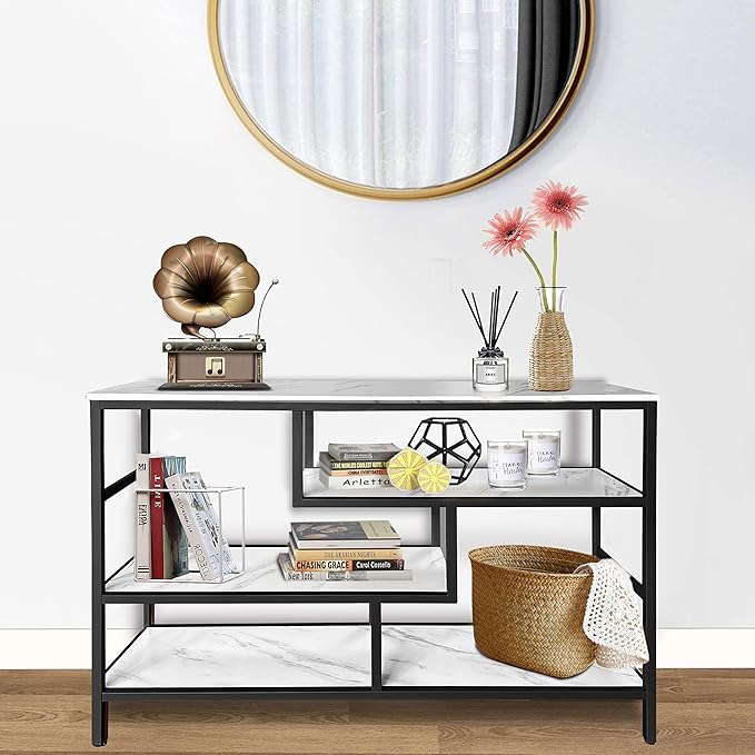 AT-VALY Console Table with Storage Shelves, Sofa Table Entryway Table with Faux