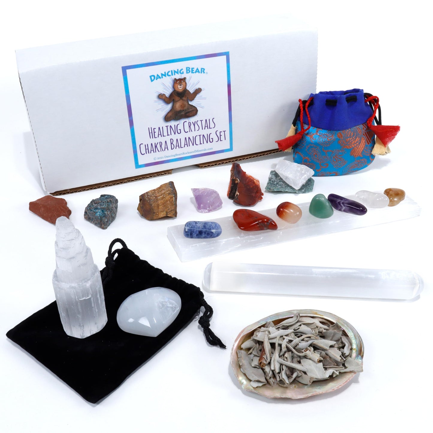 Dancing Bear Healing Crystals Chakra Balancing & Selenite Set, 14 Stones: 7 Tumbled and 7 Rough, Selenite: Tower, Wand, Heart, Charging Plate, Abalone Shell with Sage, 2 Bags, Assembled in The USA