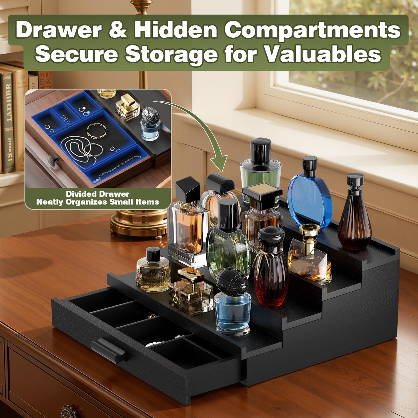 TIRYIUOU Perfume Cologne Organizer for Men: 4 Tier Wooden Perfumes Stand, Desktop Parfum Holder Wood Display Shelf with Cabinet, Bedroom Dresser Makeup Lotion Jewelry Storage Rack with Drawer