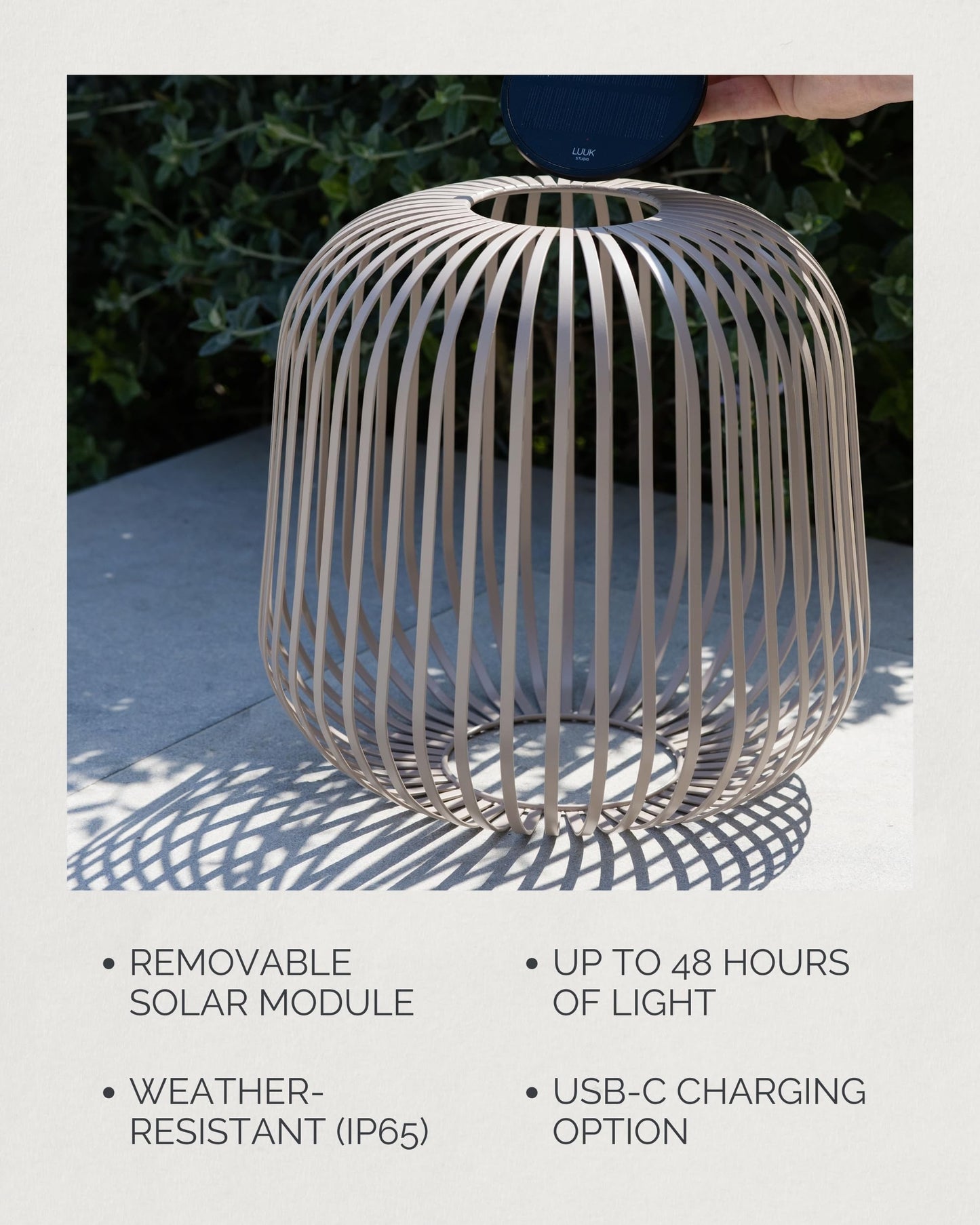 LUUK Studio SOLIS Wireless Solar LED Bedside Lamp, Warm White Dimmable Glow, Cordless Indoor Lantern & Outdoor Light, USB-C Rechargeable, Bedroom, Balcony, Patio, Soft Contemporary, Warm Taupe, Size L