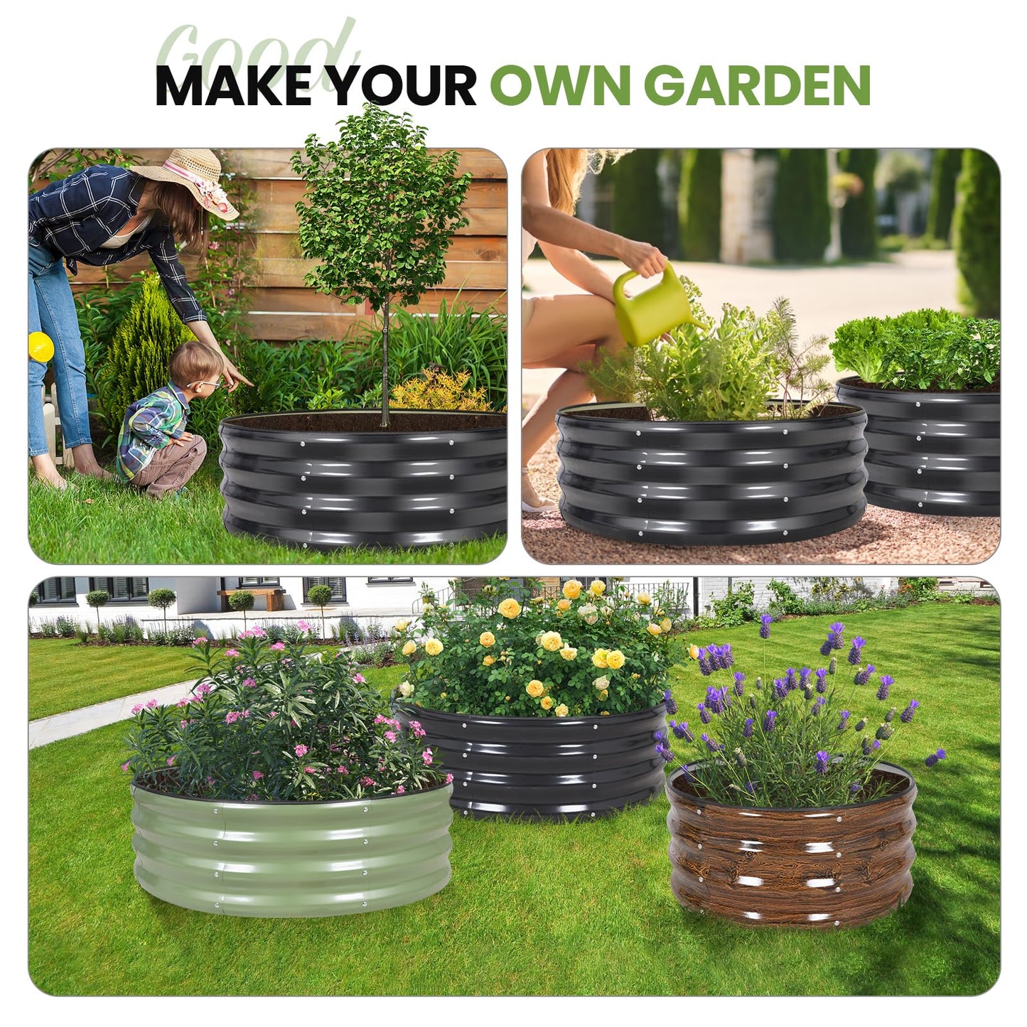 G GOOD GAIN Round Raised Garden Bed - 2Pcs 3x3x1ft Galvanized Steel Planter Boxes Outdoor with Rubber Edge Trim | Metal Raised Beds for Gardening Vegetables Flowers Fruits Herbs (Dark Grey)