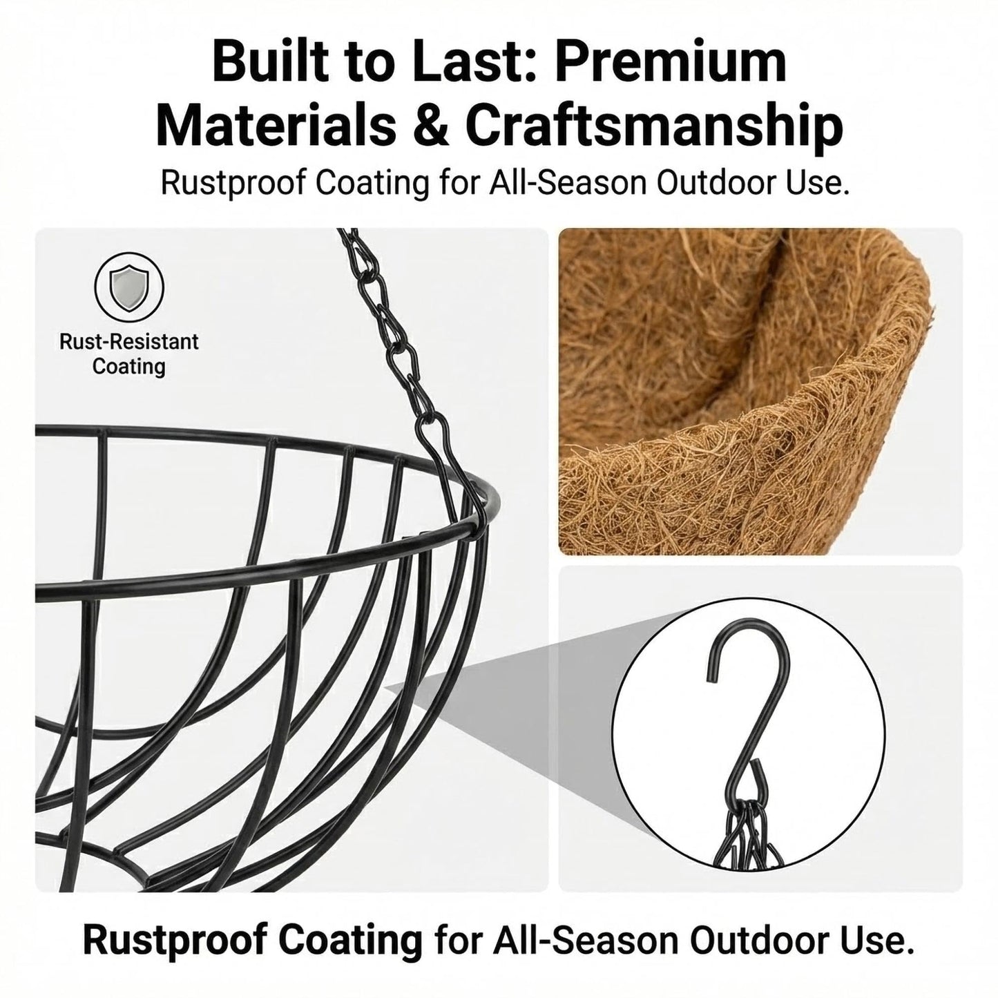 GYATSOCYG 4 Pack 14 Inch Metal Hanging Planter Basket，Natural Round Coconut Hanging Plant Flower Pot，Coconut Coir Planter for Hanging Basket Flowers/Vegetables Home Garden Patio Decoration Earth