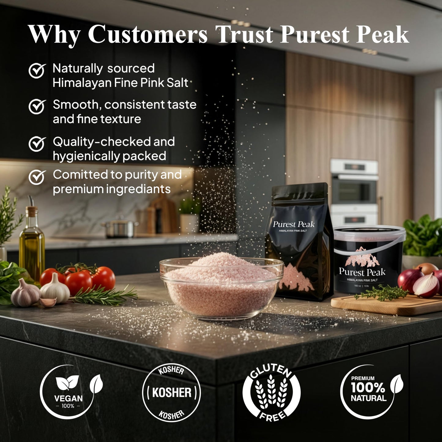 Purest Peak Fine Grain Himalayan Pink Salt, 32 Oz Bag Pack of 5 – Pure Gourmet Food Grade Chef Salt, Fine Grain Sea Salt, Natural Rock Salt, Kosher, Vegan, and Gluten Free